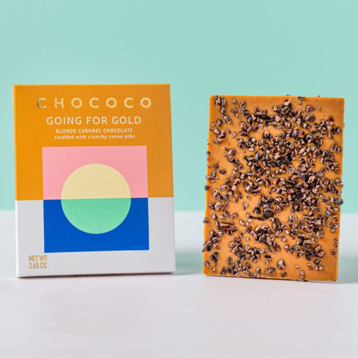 Going for Gold Blonde Caramel Chocolate Bar with crunchy cocoa nibs by Chococo