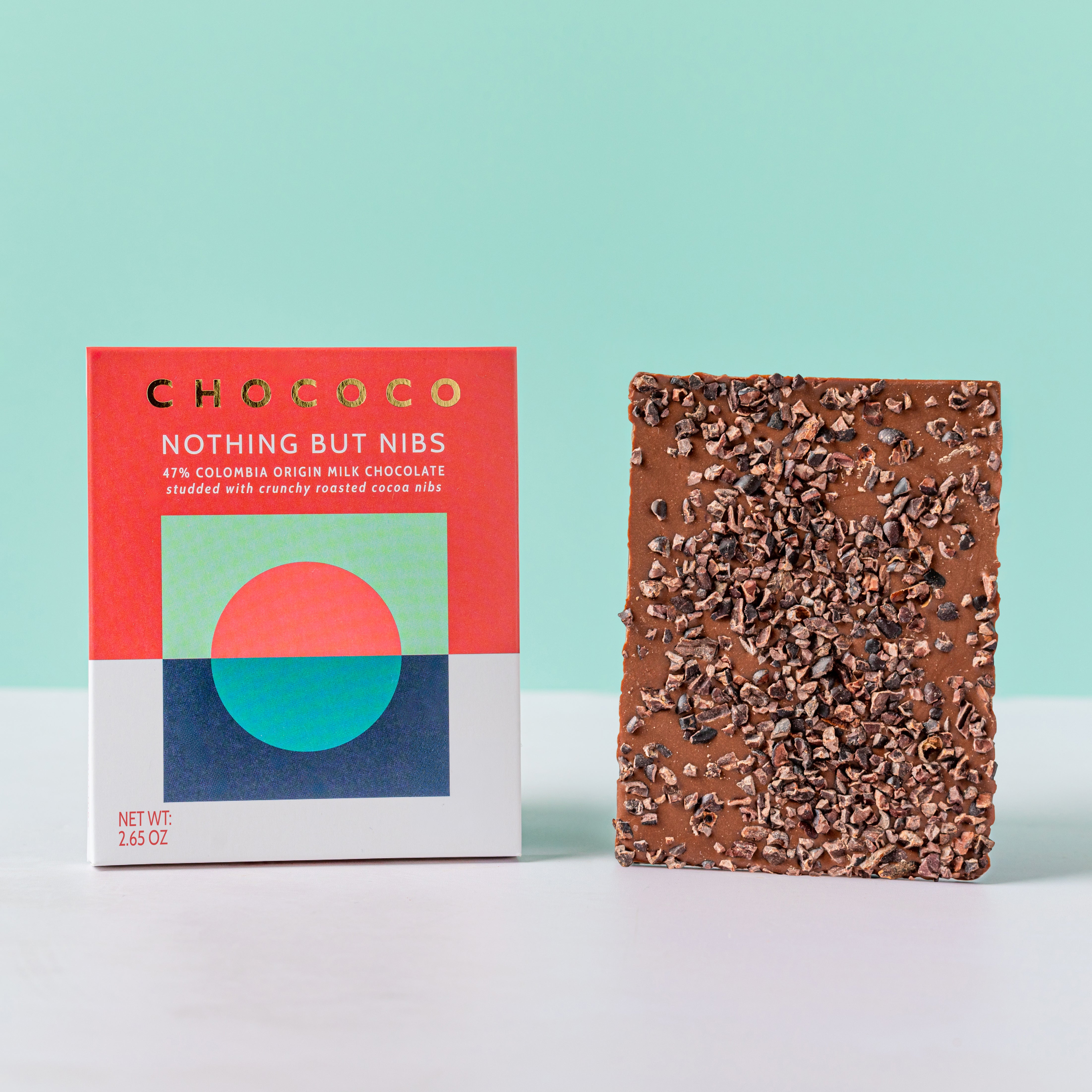 Nothing but Nibs 47% Milk Chocolate Bar with cocoa nibs by Chococo