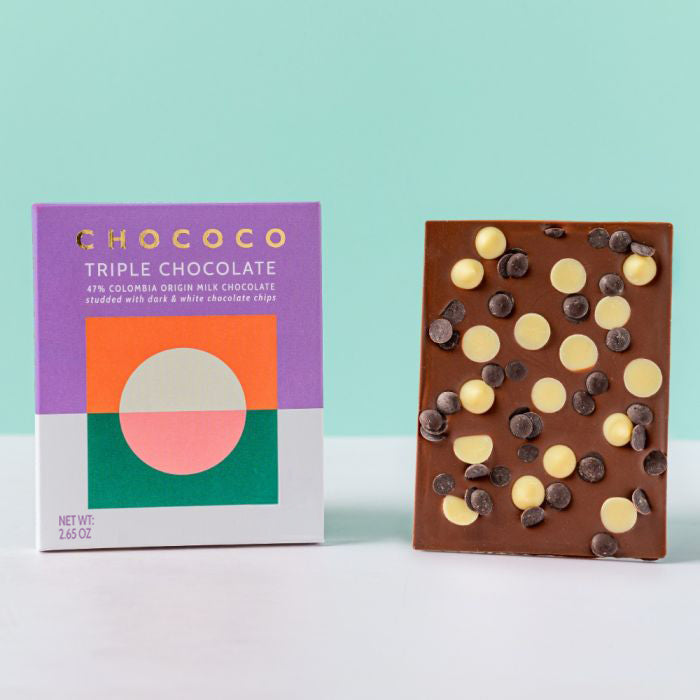 Triple Chocolate 47% Milk Chocolate Bar with white and dark chocolate chips by Chococo